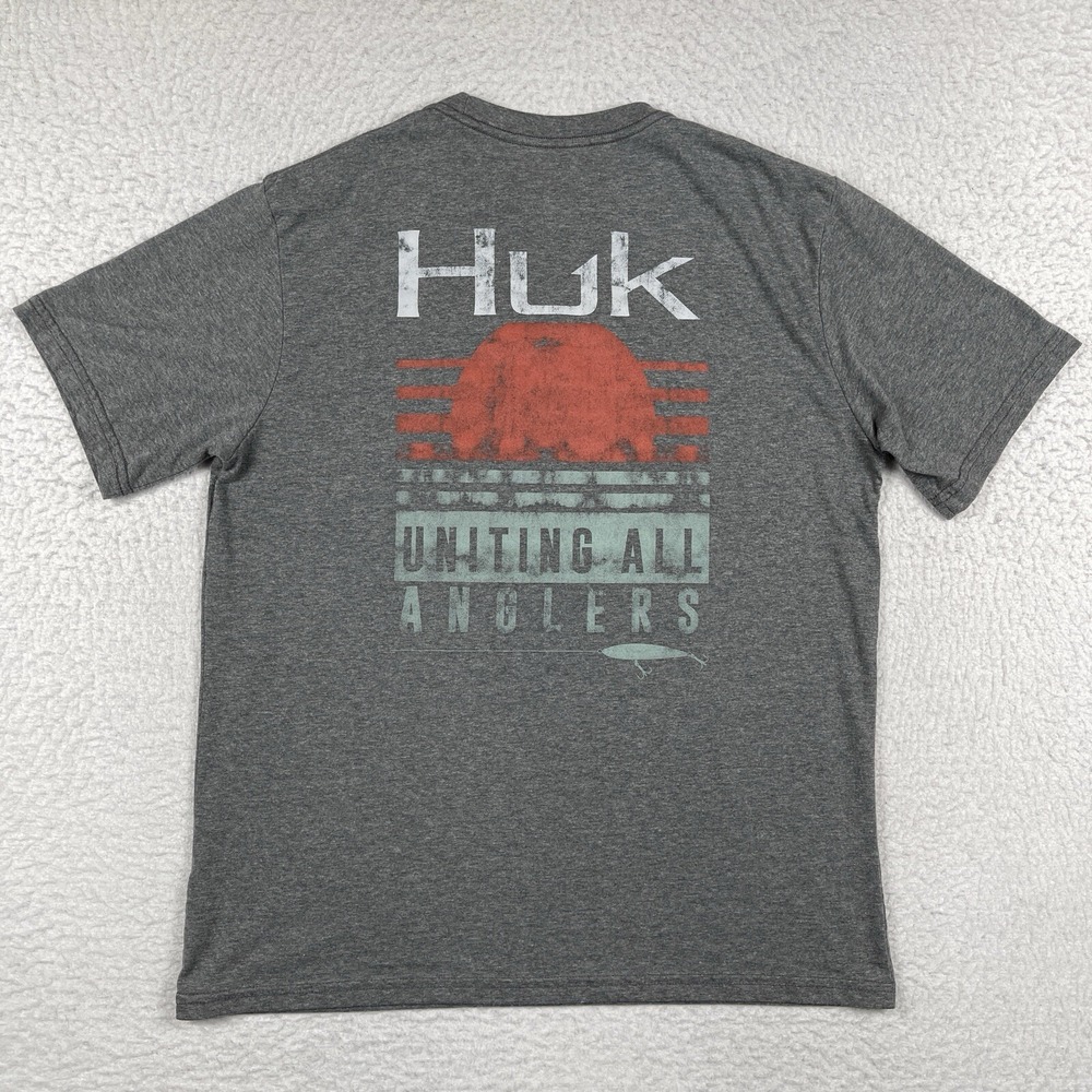 Huk Shirt Mens‎ Medium Gray Fishing Angler Fish Boating Made In USA Casual Tee